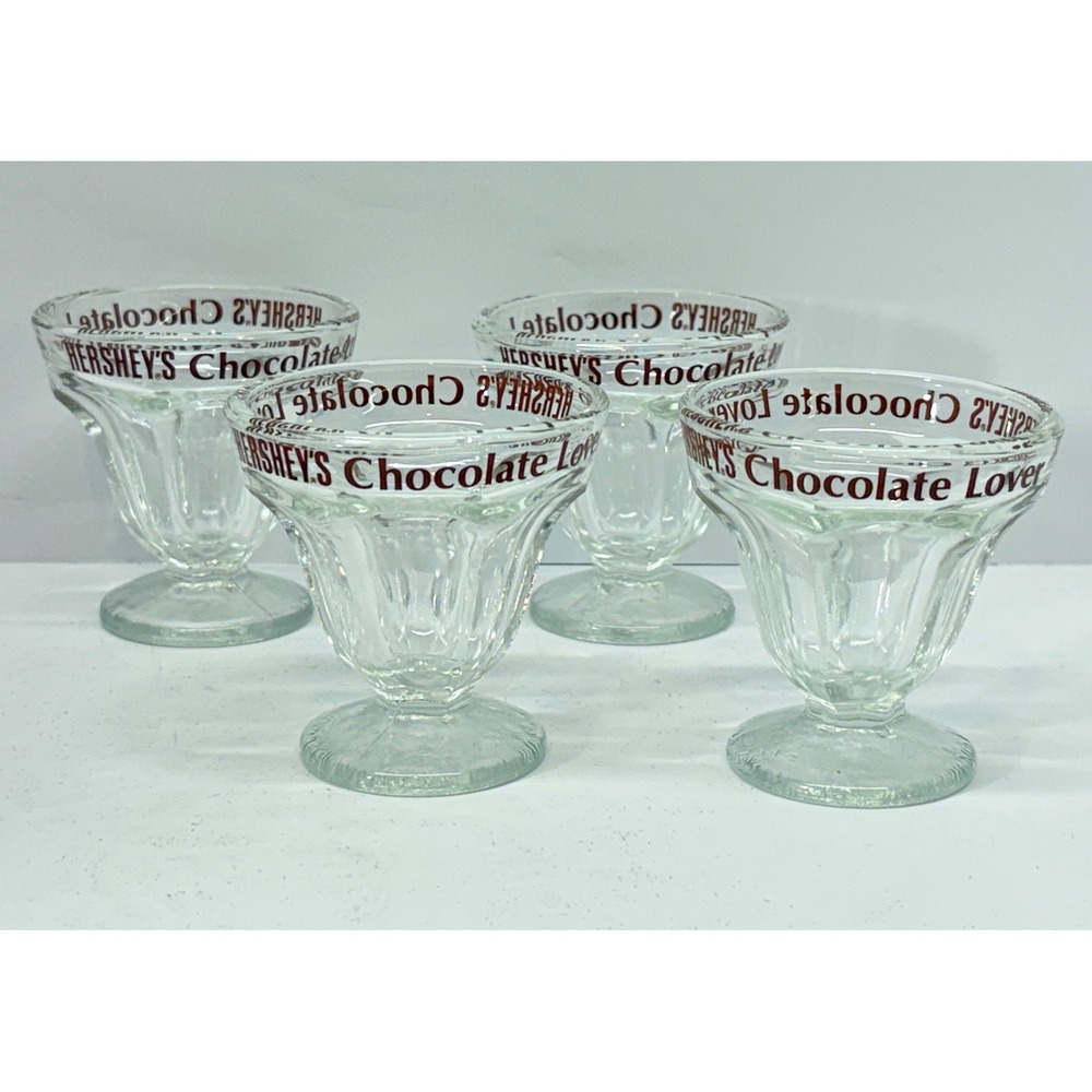 Hershey's Chocolate Lover Glass Sundae Cup Set of 4 Pedestal Fluted Retro 3"